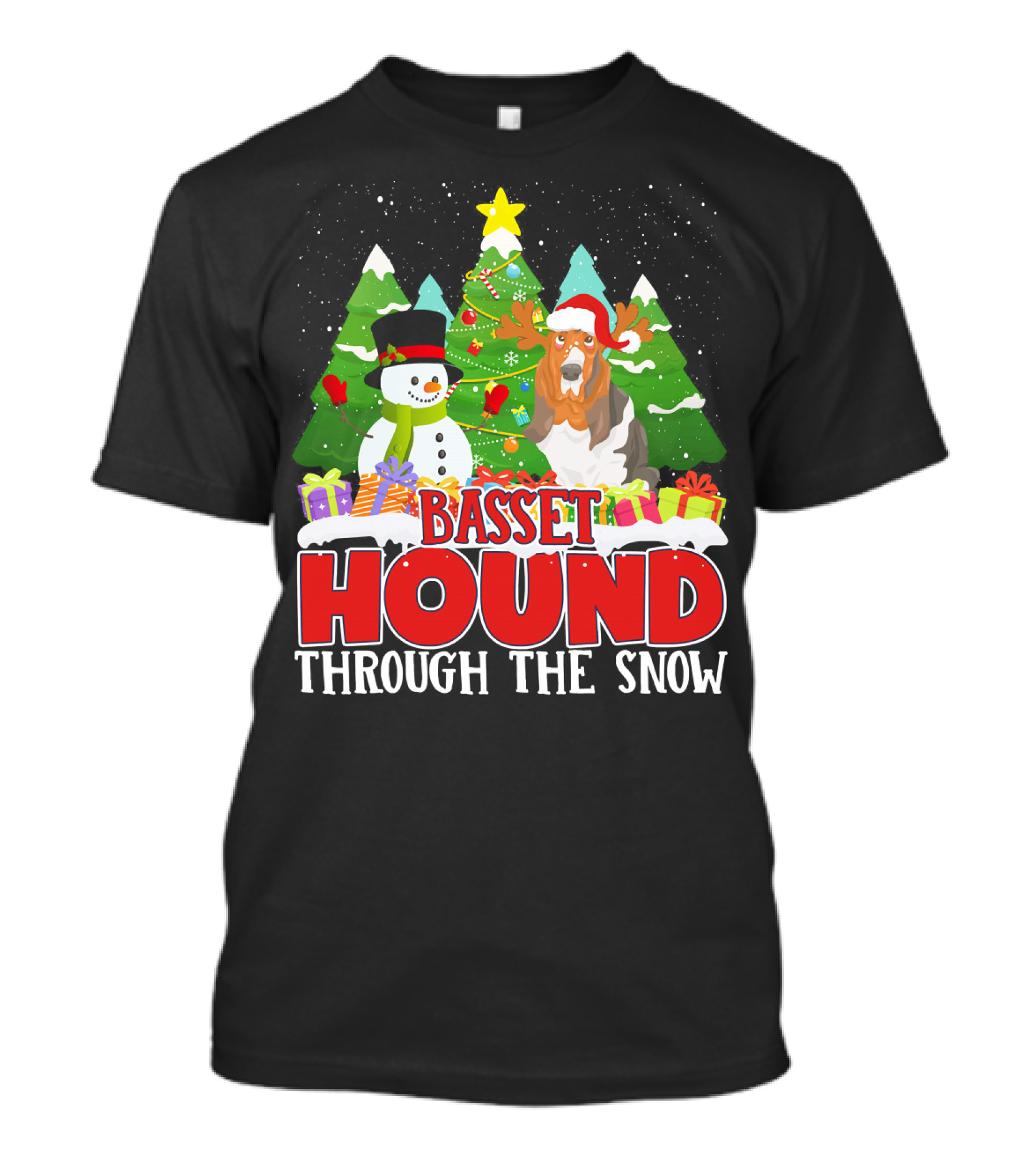 Basset Hound Through The Snow Xmas Christmas Trees Snowman T-Shirt