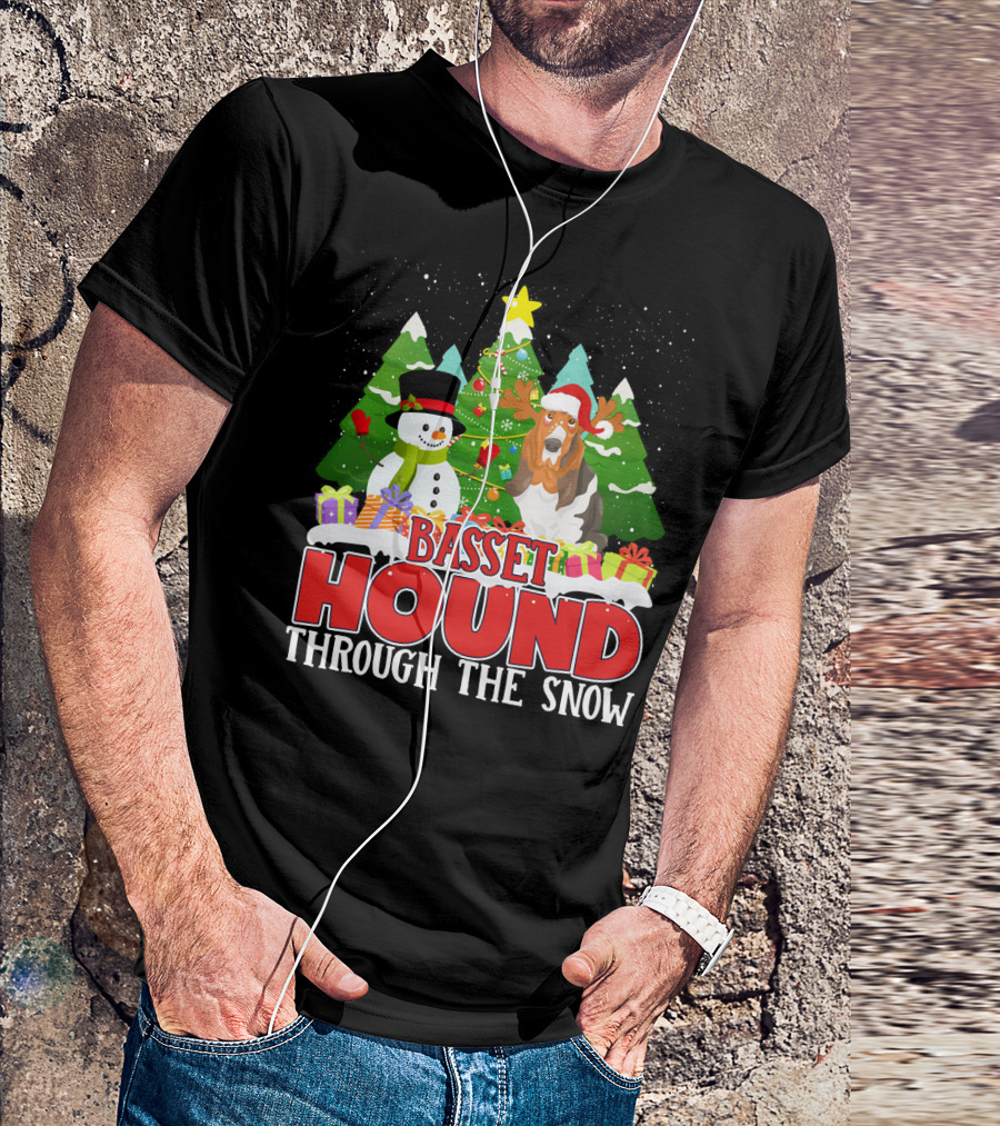 Basset Hound Through The Snow Xmas Christmas Trees Snowman T-Shirt