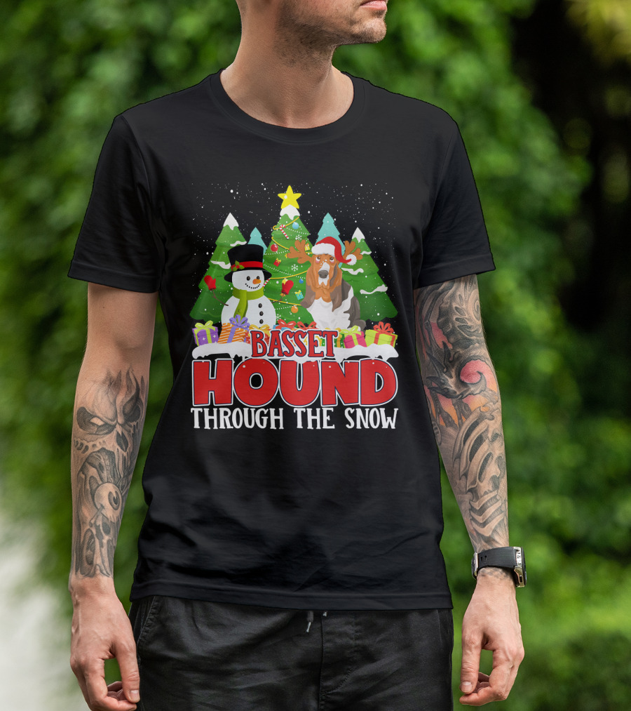 Basset Hound Through The Snow Xmas Christmas Trees Snowman T-Shirt