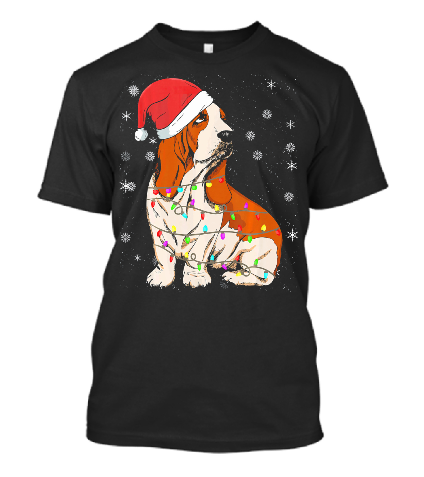 Merry Christmas Basset Hound Santa Hat Festive String Lights T-Shirt