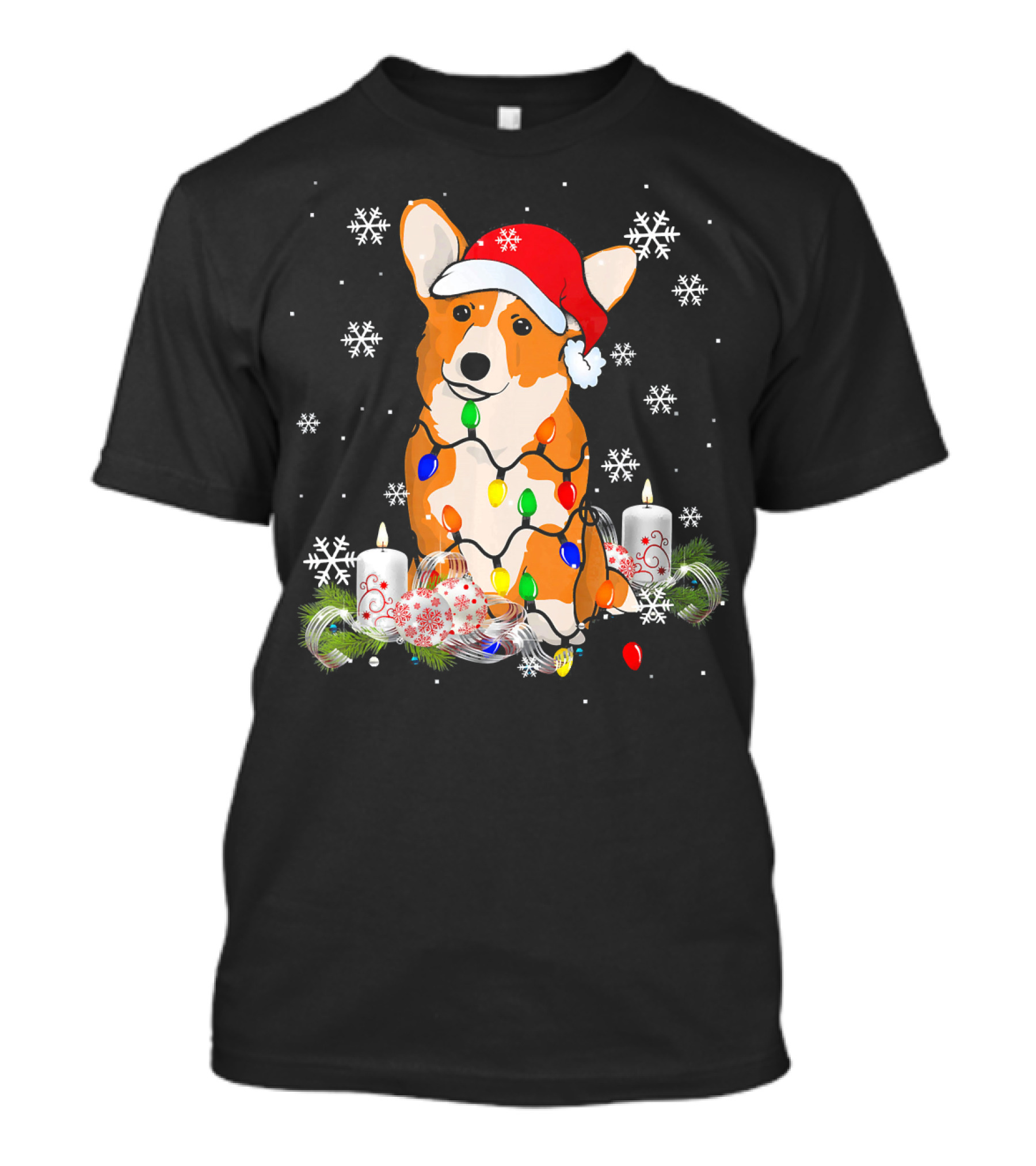 Merry Corgmas Santa Corgi Wrapped In Xmas Lights With Snowflakes And Festive Candles T-Shirt