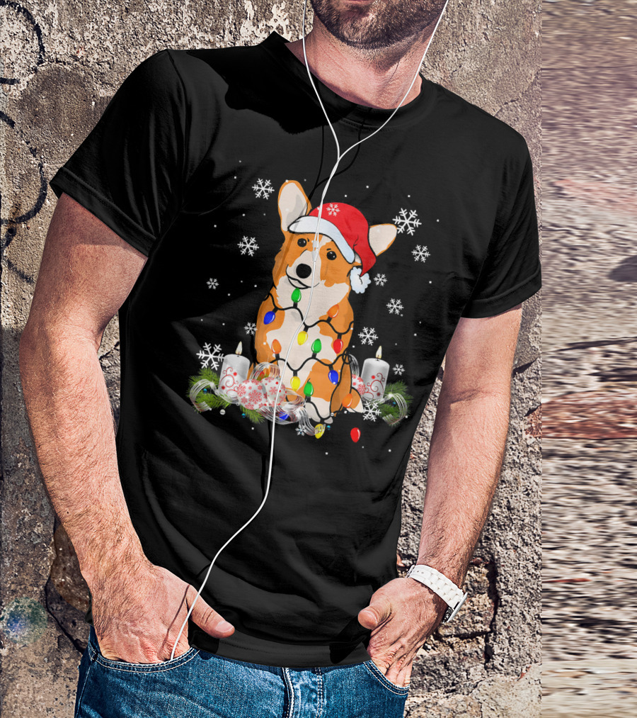 Merry Corgmas Santa Corgi Wrapped In Xmas Lights With Snowflakes And Festive Candles T-Shirt