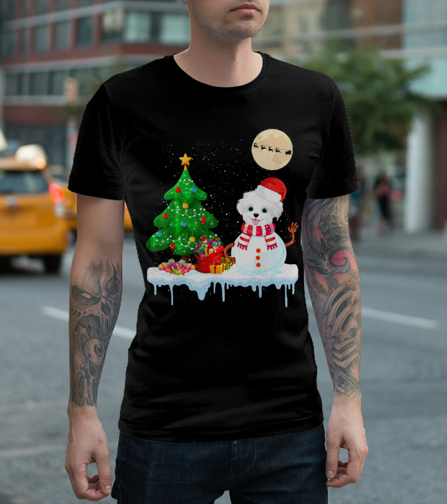 Havanese Snowman with Christmas Tree and Santa's Sleigh T-Shirt