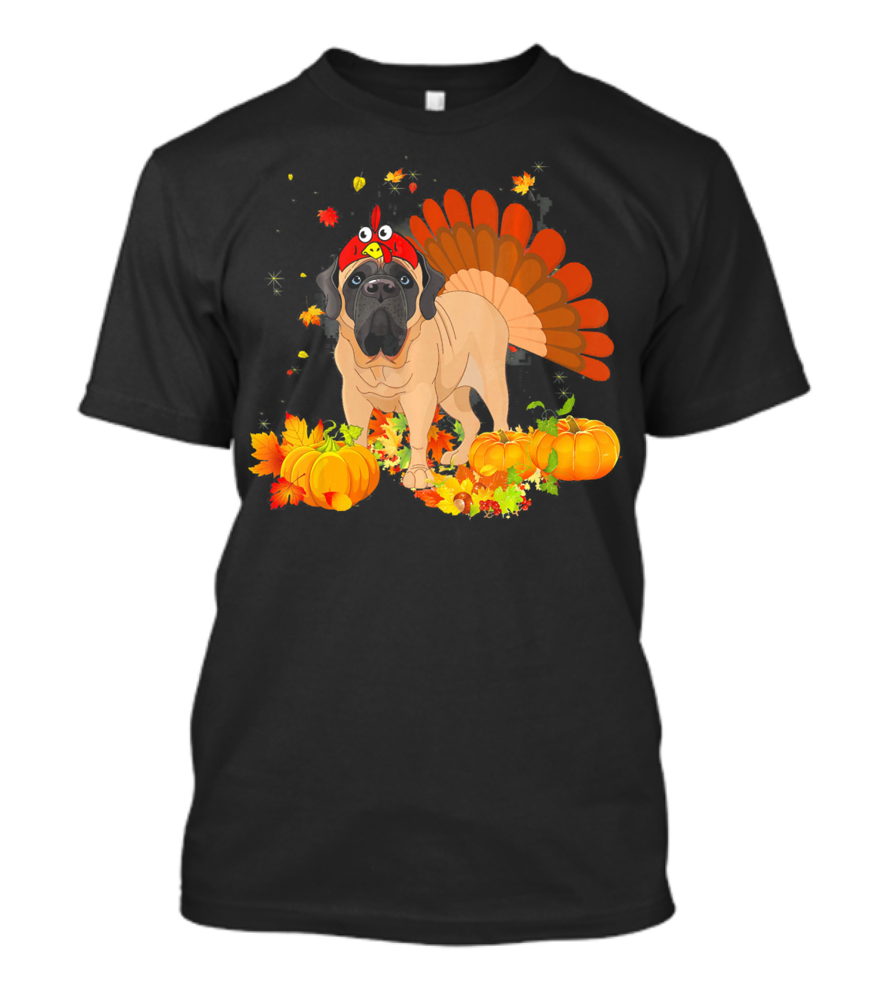 English Mastiff Dog In Turkey Costume With Pumpkins And Fall Leaves T-Shirt