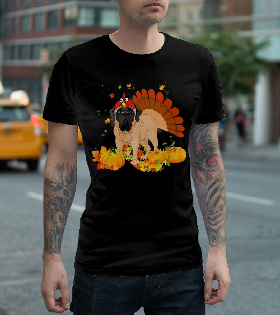 English Mastiff Dog In Turkey Costume With Pumpkins And Fall Leaves T-Shirt