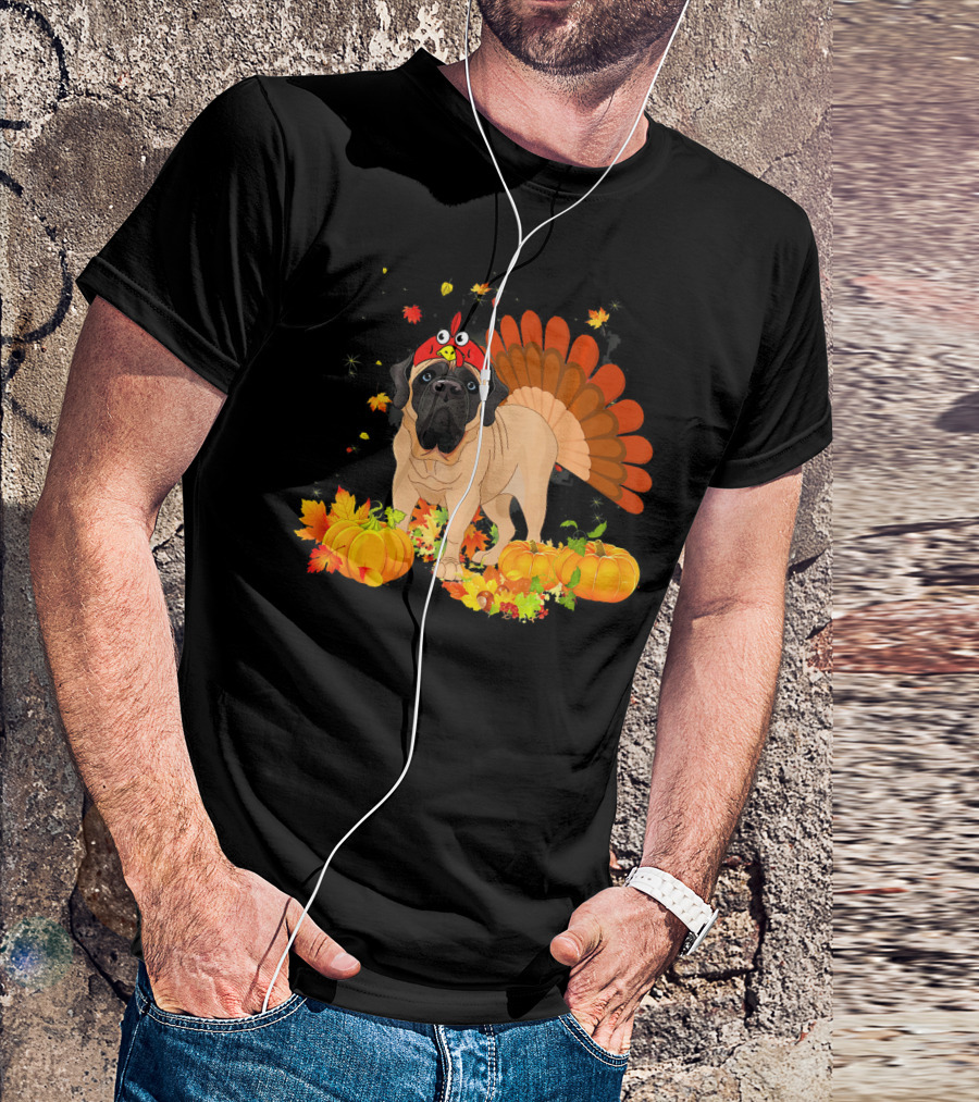 English Mastiff Dog In Turkey Costume With Pumpkins And Fall Leaves T-Shirt