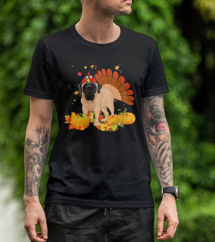 English Mastiff Dog In Turkey Costume With Pumpkins And Fall Leaves T-Shirt