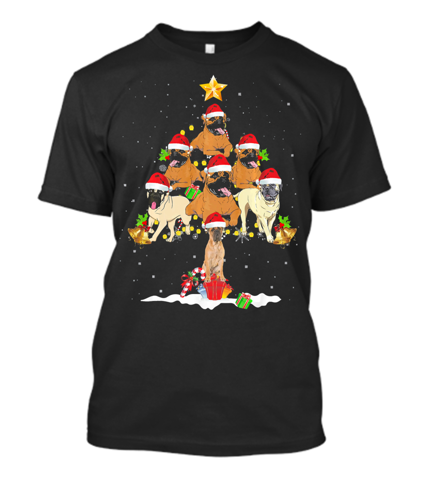 Funny Bullmastiff Christmas Dog Tree Ornament With Santa Hats And Presents T-Shirt