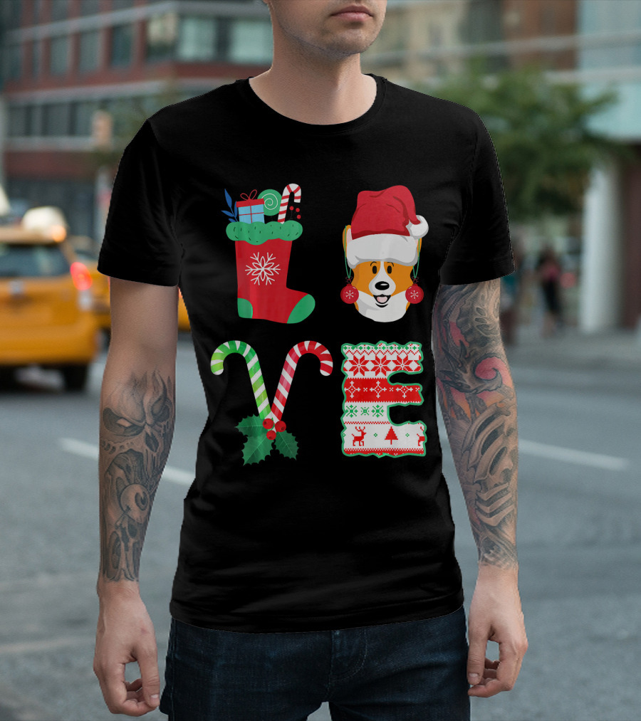 Love My Welsh Corgi Christmas Dog Festive Stocking Candy Cane Santa Hat Holiday Spirit T-Shirt