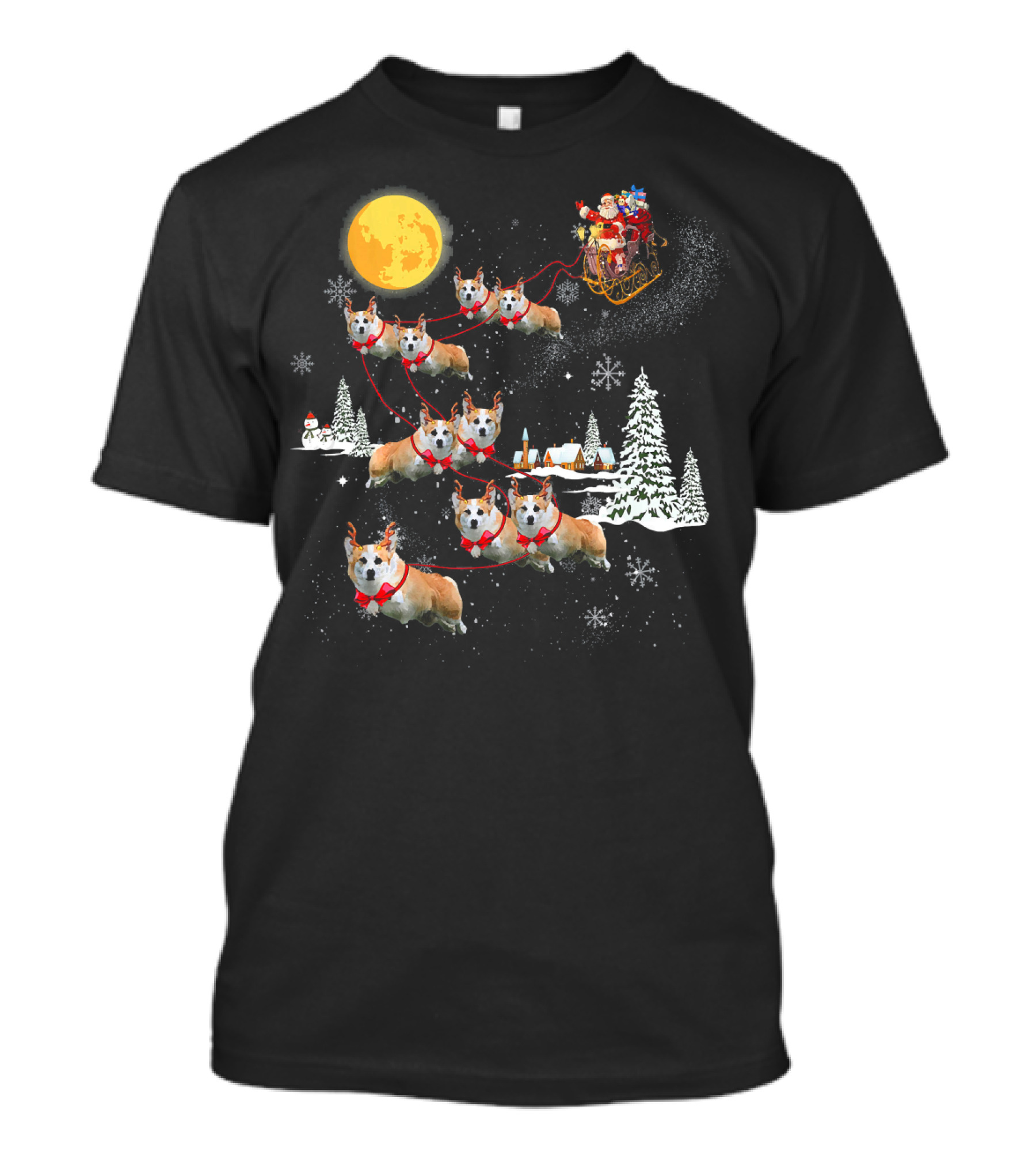 Funny Santa Riding Corgi Dog Christmas Snowflakes Moon Sleigh Holiday Scene T-Shirt