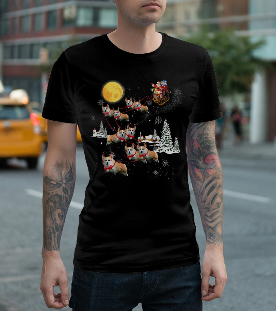 Funny Santa Riding Corgi Dog Christmas Snowflakes Moon Sleigh Holiday Scene T-Shirt