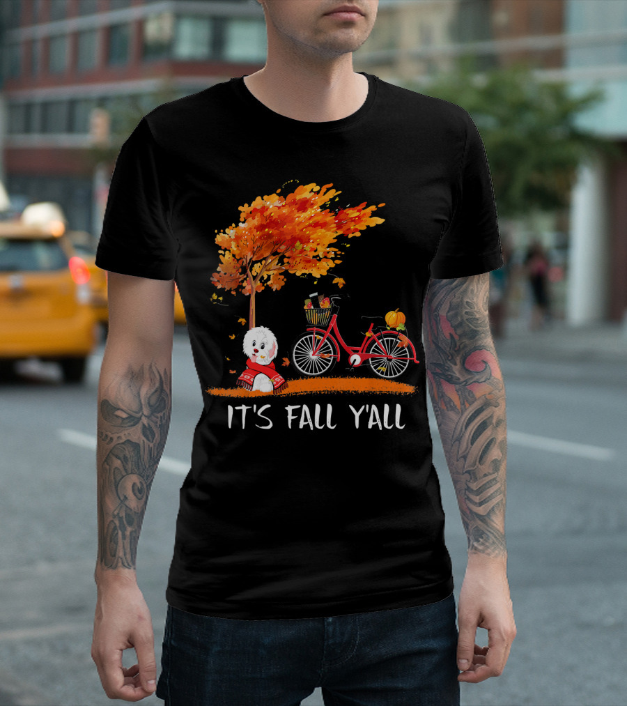 It's Fall Y'all Havanese With Scarf Red Bike Pumpkin Autumn Scene T-Shirt