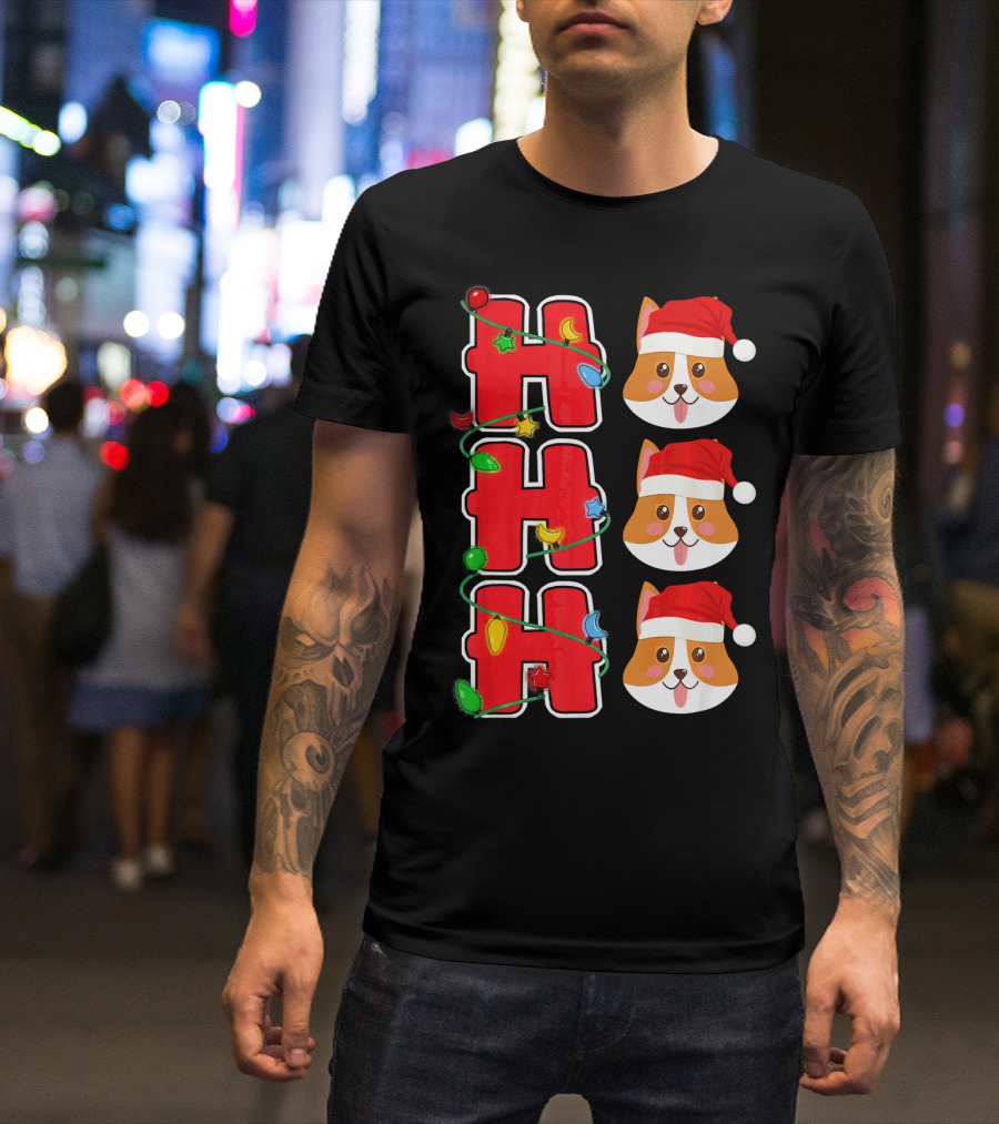 Ho Ho Ho Corgi Santa Christmas Lights T-Shirt