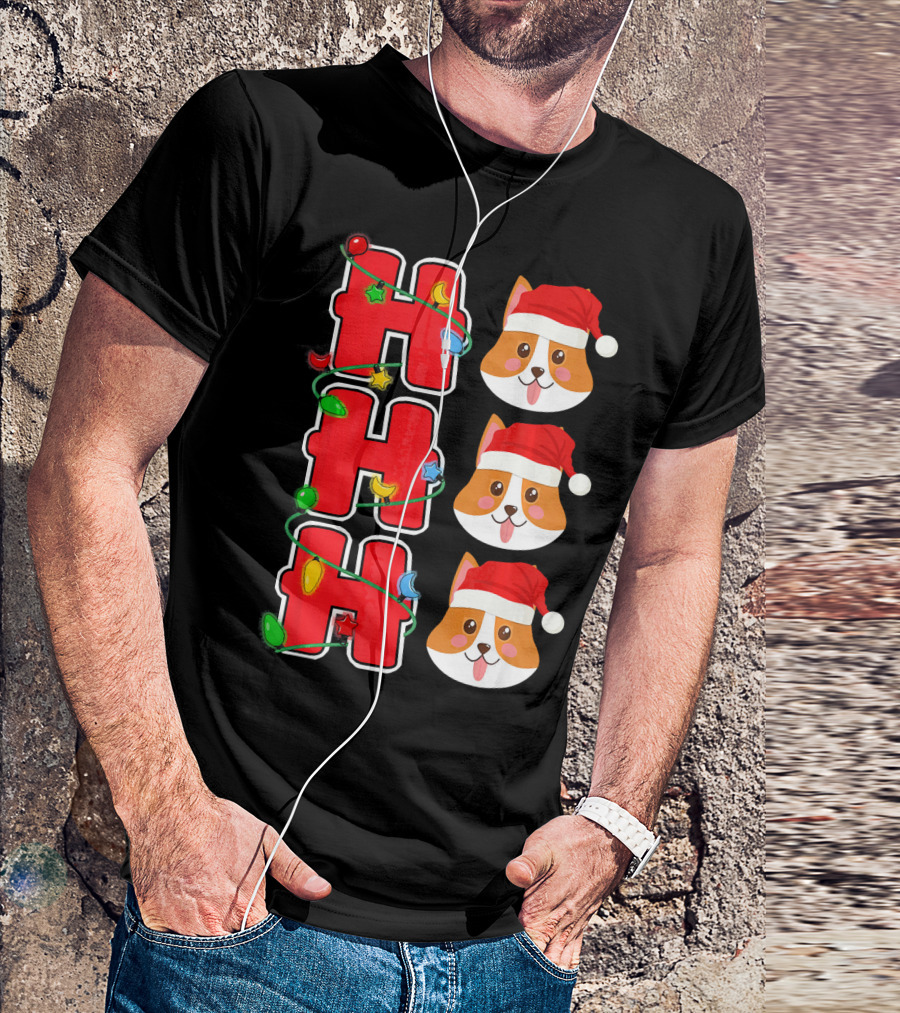 Ho Ho Ho Corgi Santa Christmas Lights T-Shirt