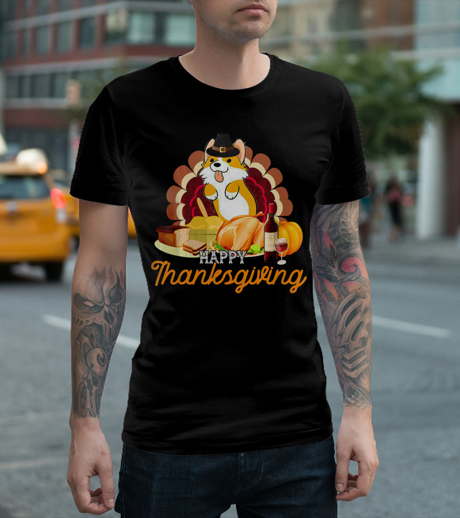 Happy Thanksgiving Pilgrim Corgi Turkey Feast T-Shirt