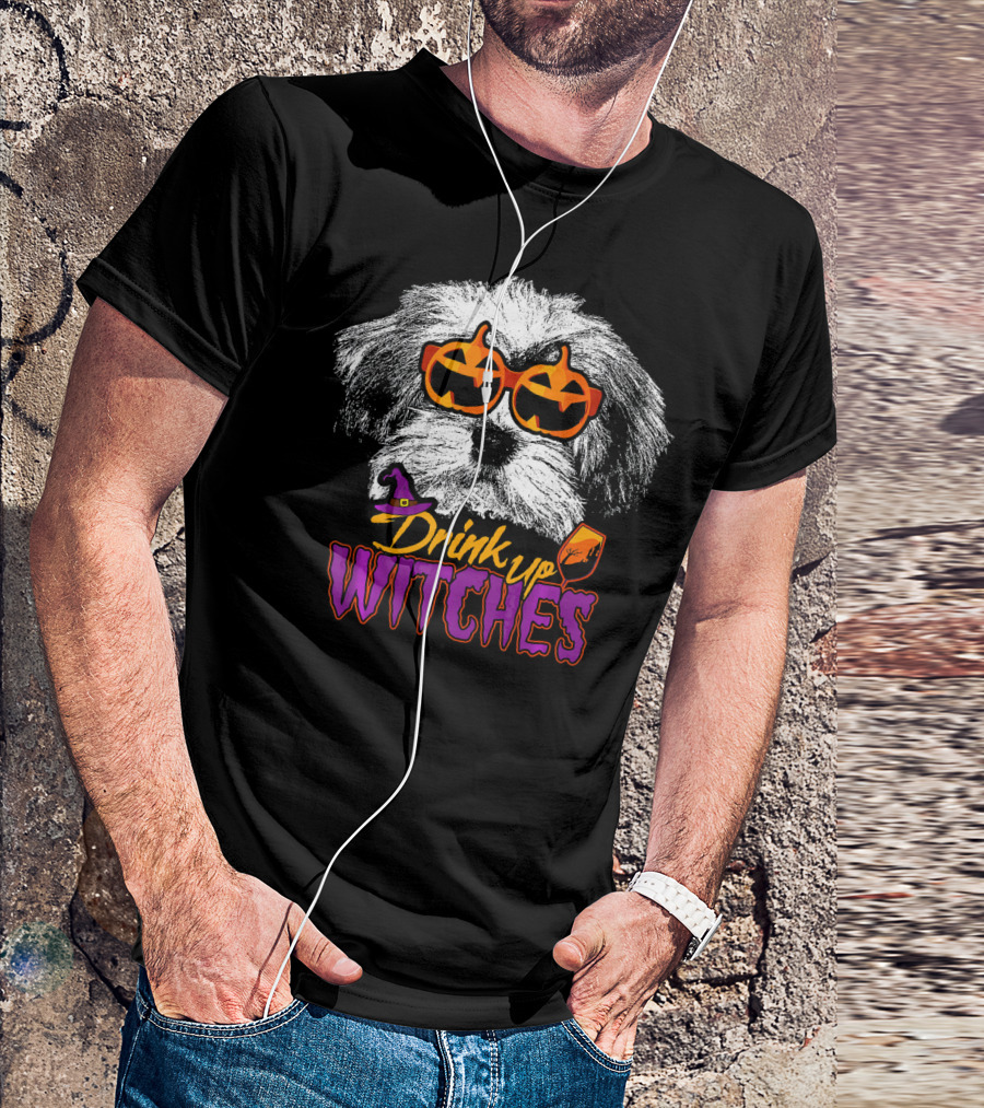 Havanese Drink Up Witches Halloween Dog With Pumpkin Glasses T-Shirt