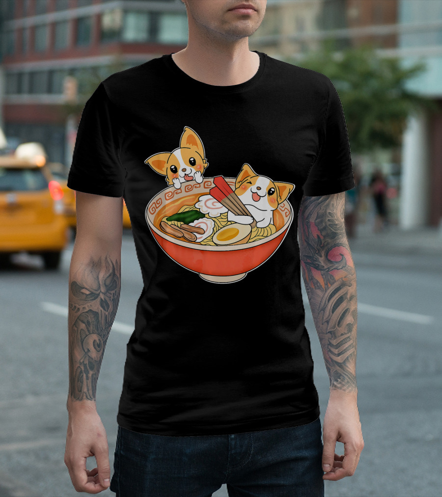 Kawaii Japanese Anime Corgi Ramen Noodles Bowl T-Shirt