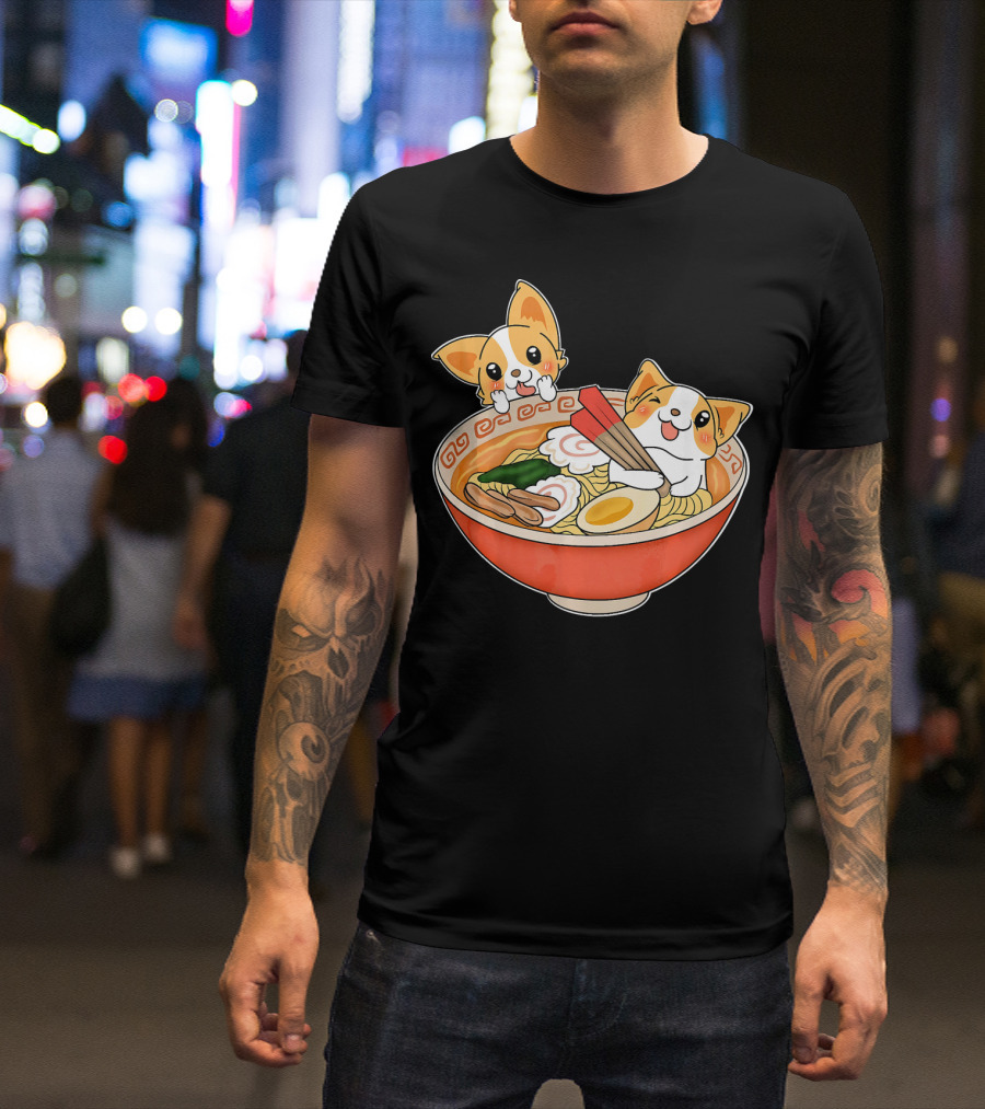 Kawaii Japanese Anime Corgi Ramen Noodles Bowl T-Shirt