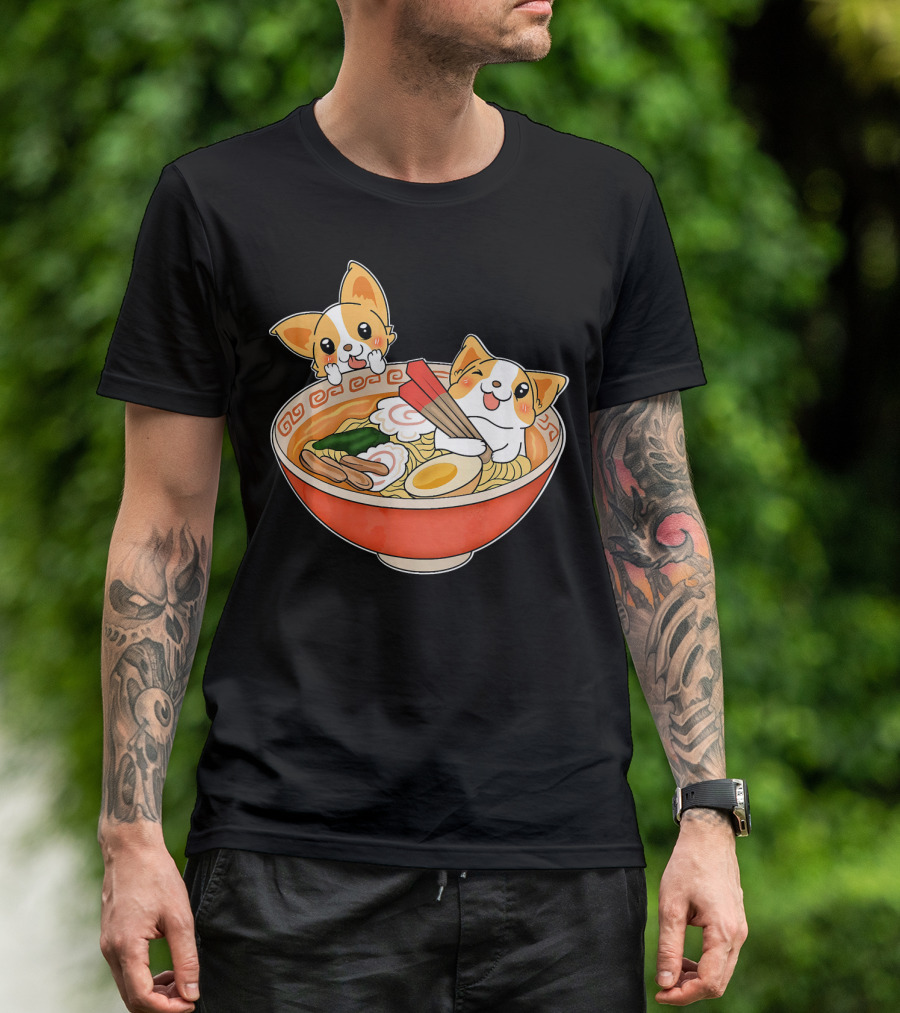 Kawaii Japanese Anime Corgi Ramen Noodles Bowl T-Shirt