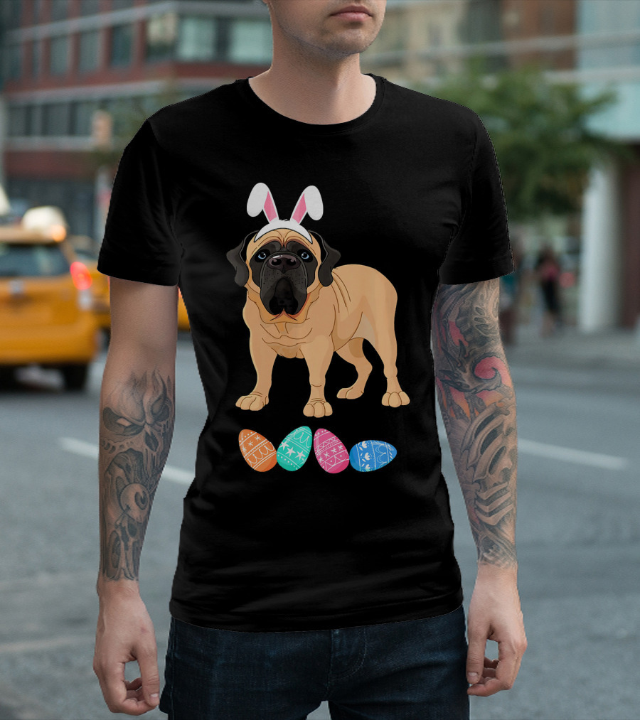 Funny Easter English Mastiff With Bunny Ears and Colorful Eggs T-Shirt