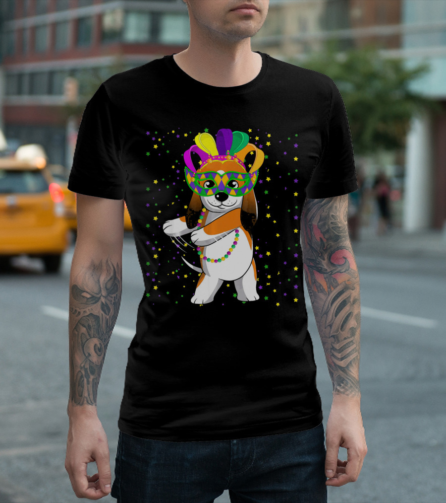 Funny Basset Hound Flossing Mardi Gras Jester Hat Beads T-Shirt