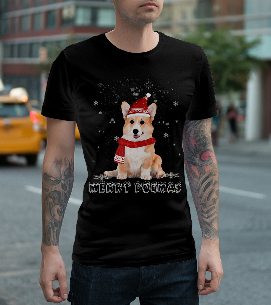 Merry Dogmas Corgi Dog in Santa Hat with Snowflakes T-Shirt