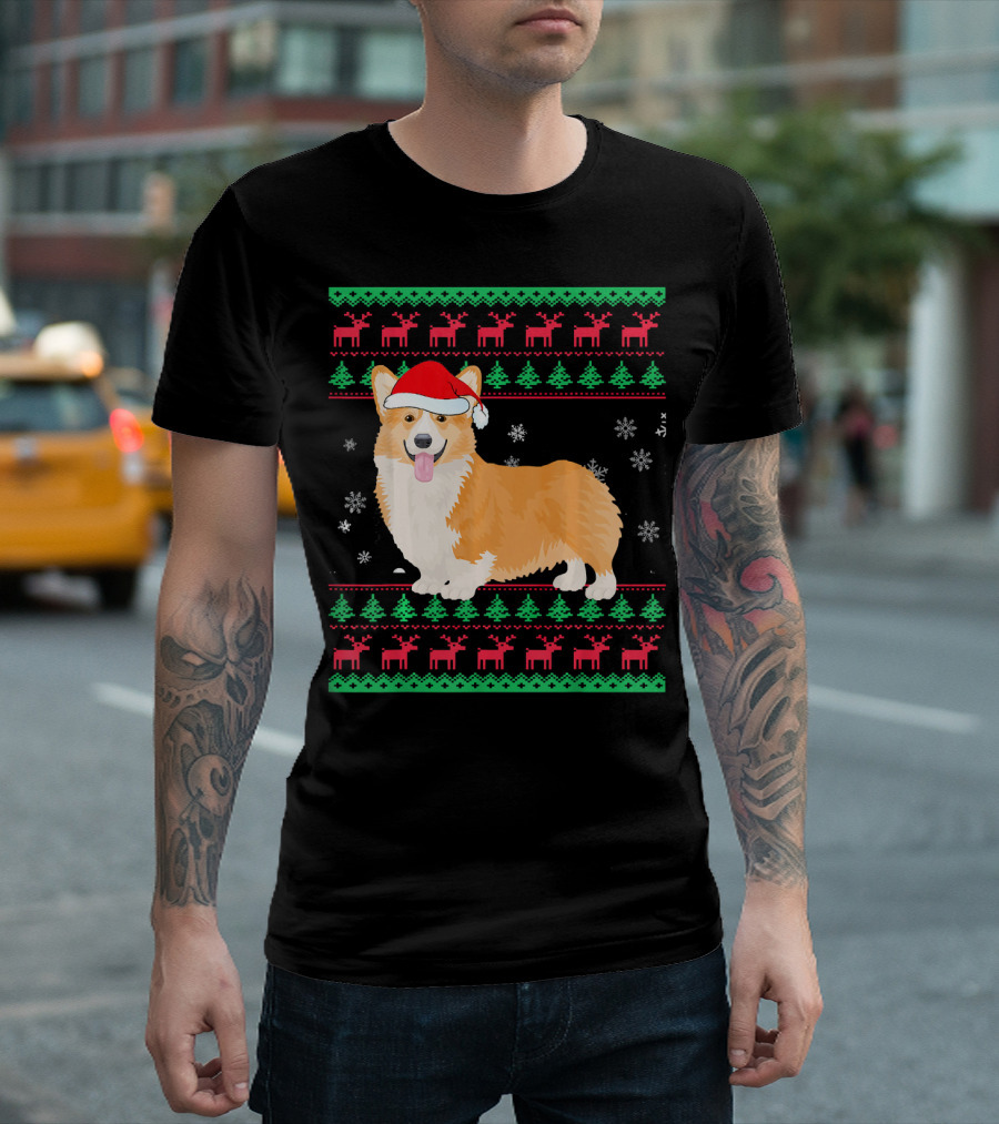Funny Christmas Corgi In Santa Hat With Snowflakes And Reindeer T-Shirt