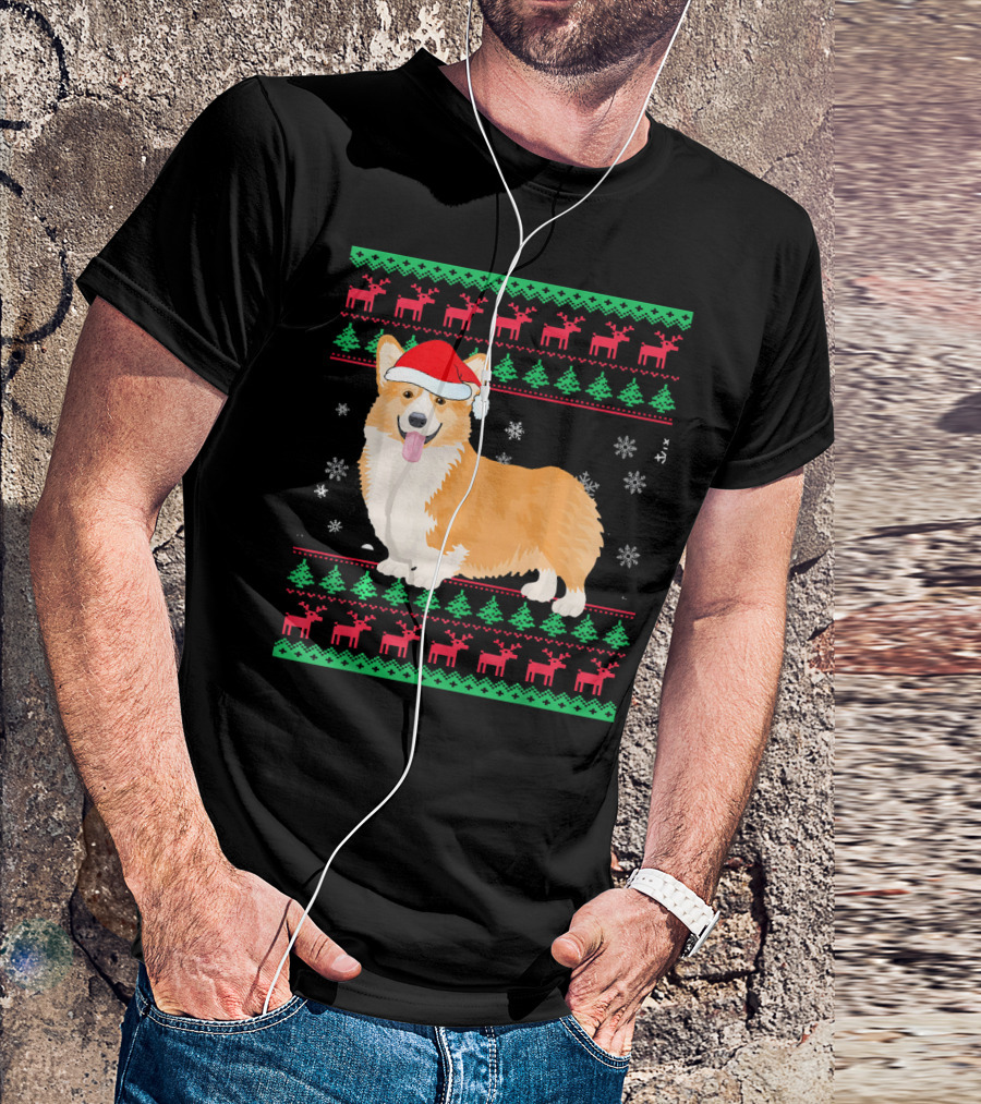 Funny Christmas Corgi In Santa Hat With Snowflakes And Reindeer T-Shirt