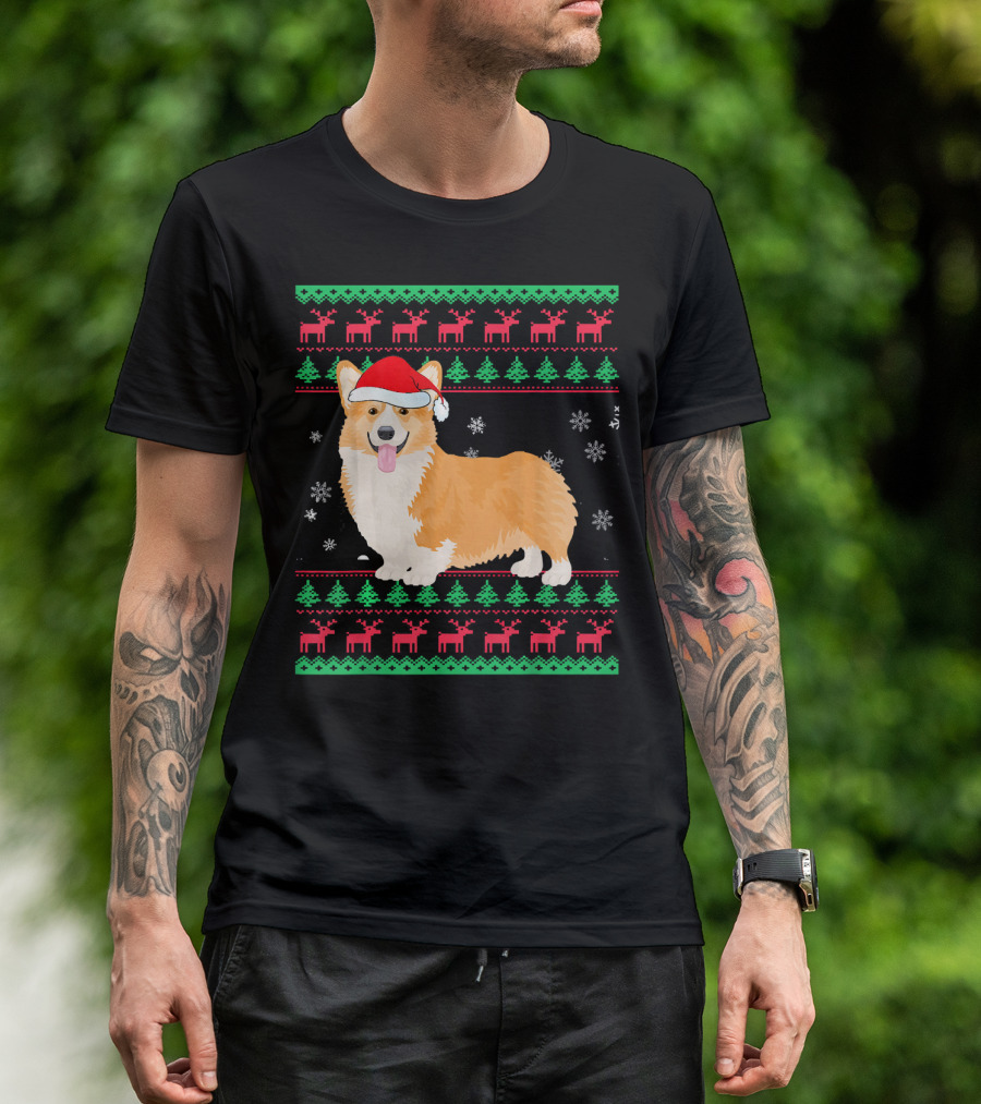 Funny Christmas Corgi In Santa Hat With Snowflakes And Reindeer T-Shirt