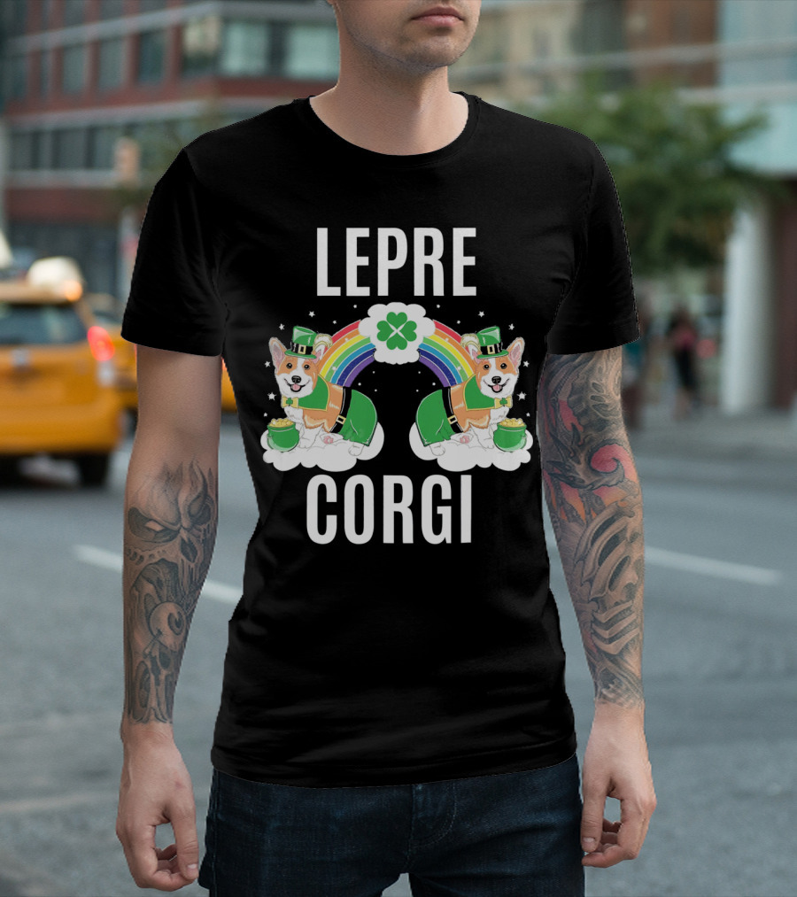 Leprechaun Corgi Rainbow With Clover Shamrocks T-Shirt