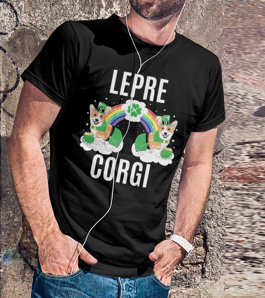 Leprechaun Corgi Rainbow With Clover Shamrocks T-Shirt