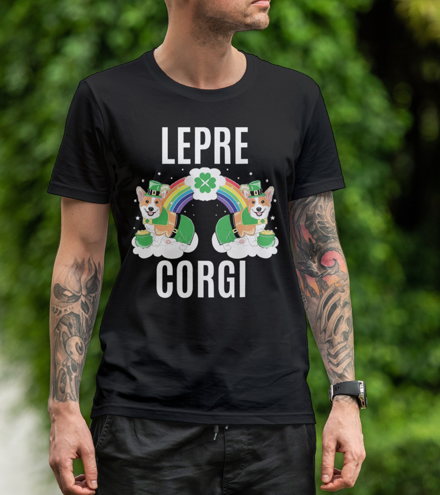 Leprechaun Corgi Rainbow With Clover Shamrocks T-Shirt