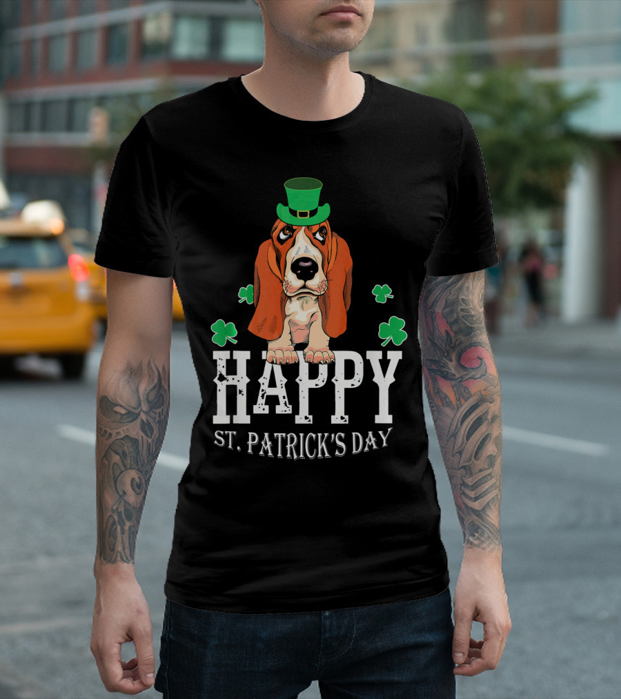 Irish Basset Hound Happy St. Patrick's Day with Shamrocks and Hat T-Shirt