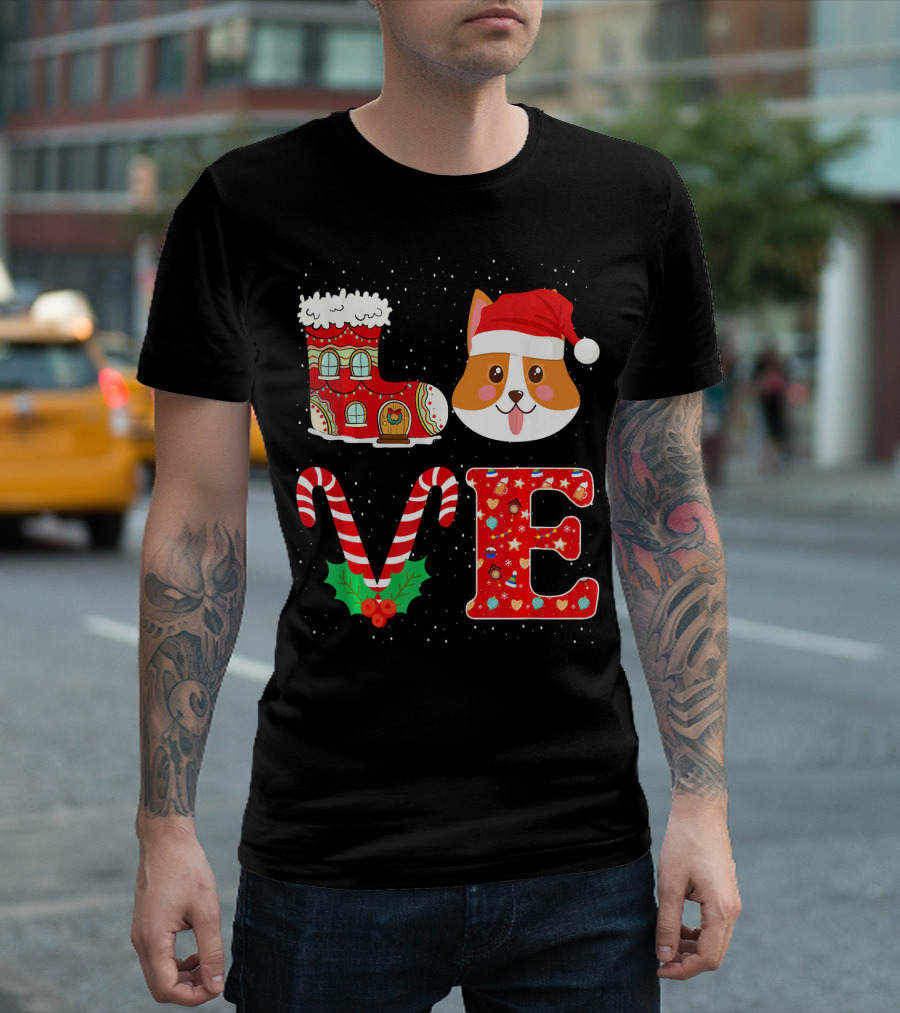 LOVE Corgi Christmas Santa Hat Festive Holiday T-Shirt