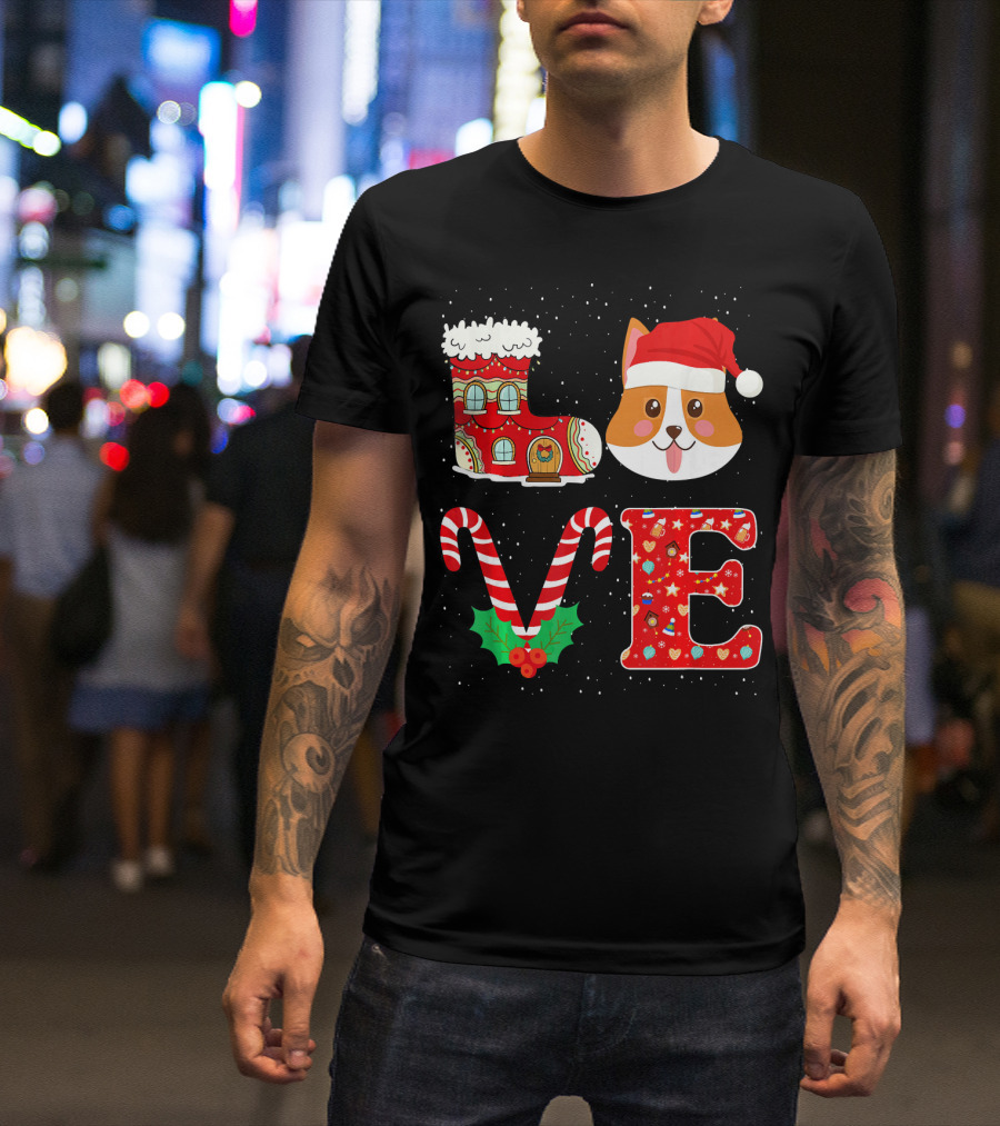 LOVE Corgi Christmas Santa Hat Festive Holiday T-Shirt