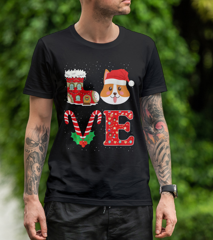 LOVE Corgi Christmas Santa Hat Festive Holiday T-Shirt