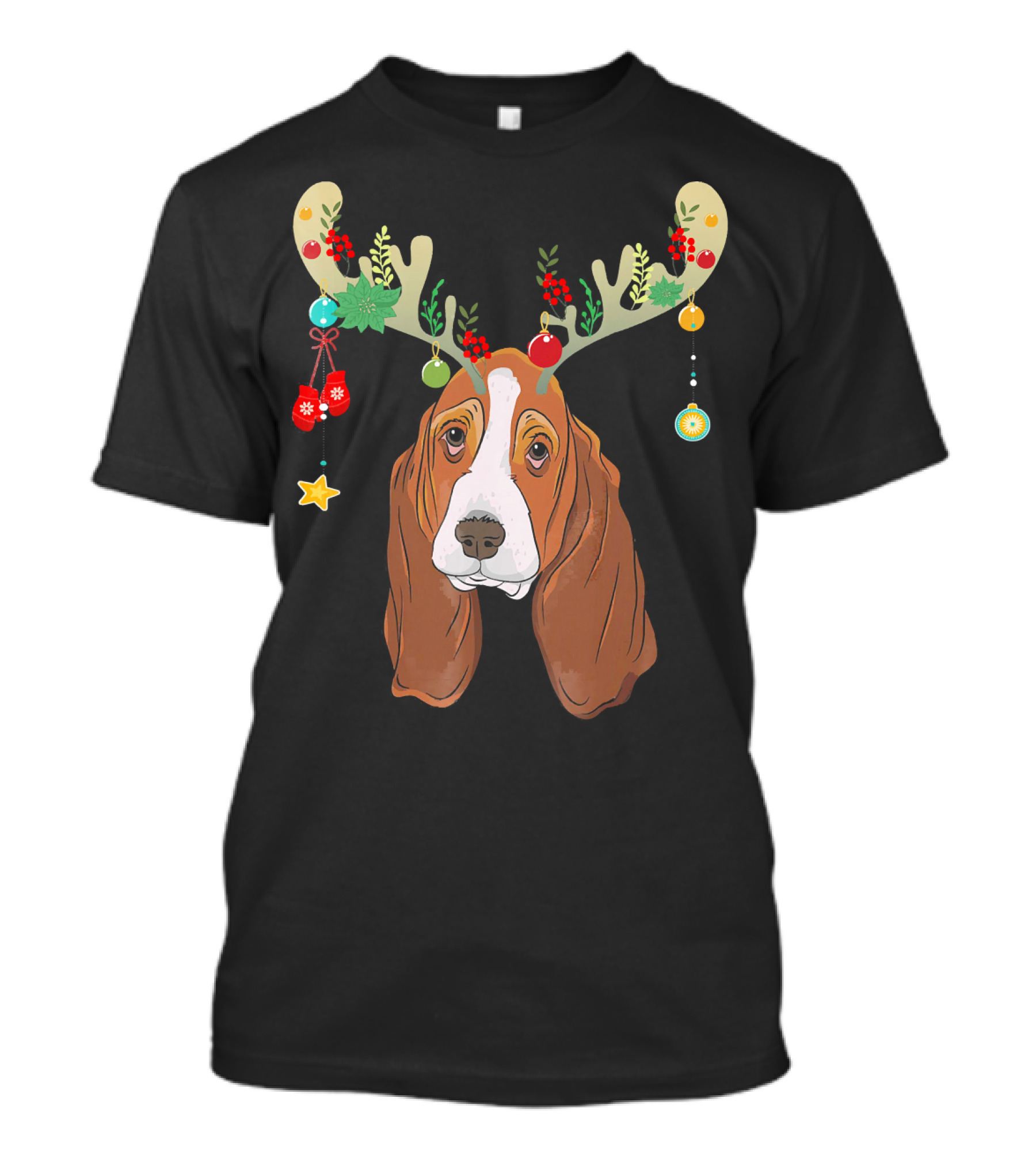 Merry Basset Hound Reindeer With Festive Antlers And Holiday Ornaments T-Shirt