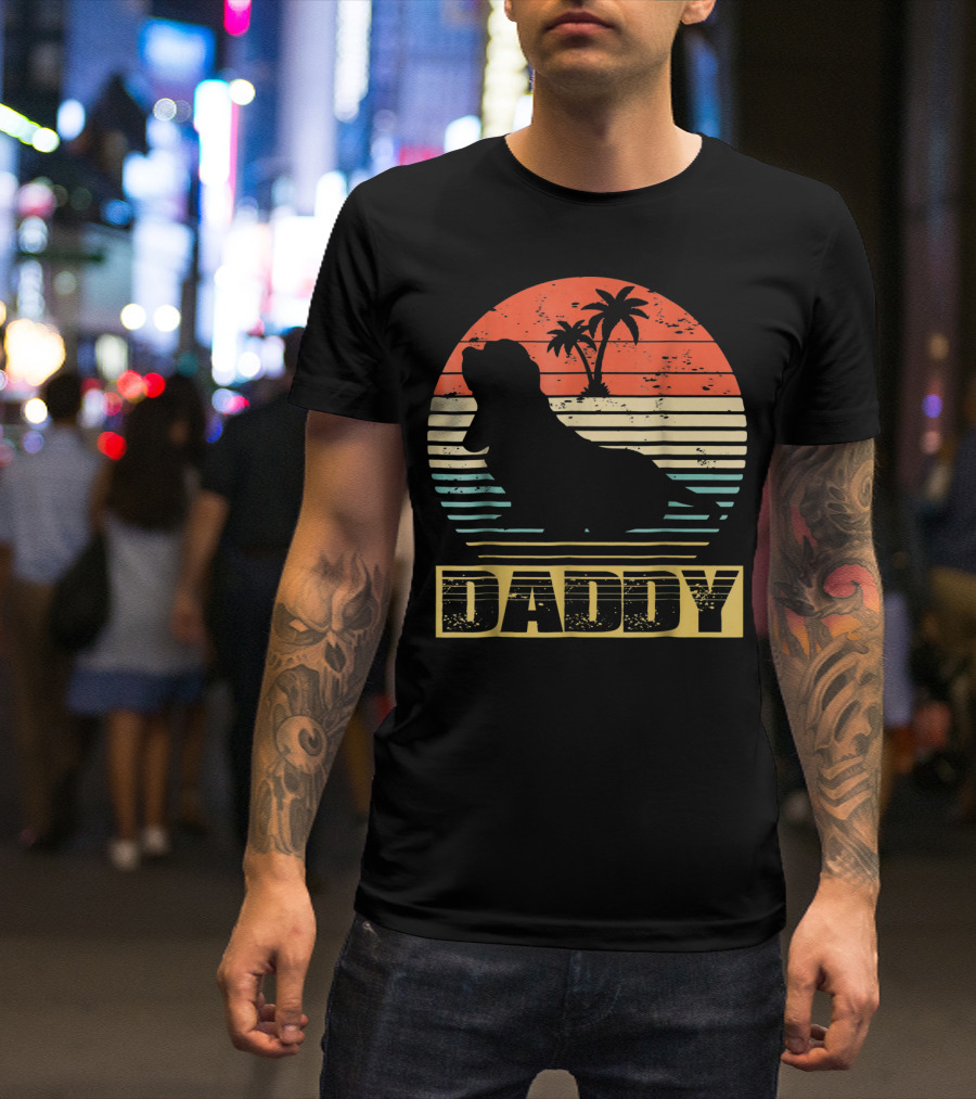 Mens Daddy Dog Basset Hound Sunset Island T-Shirt