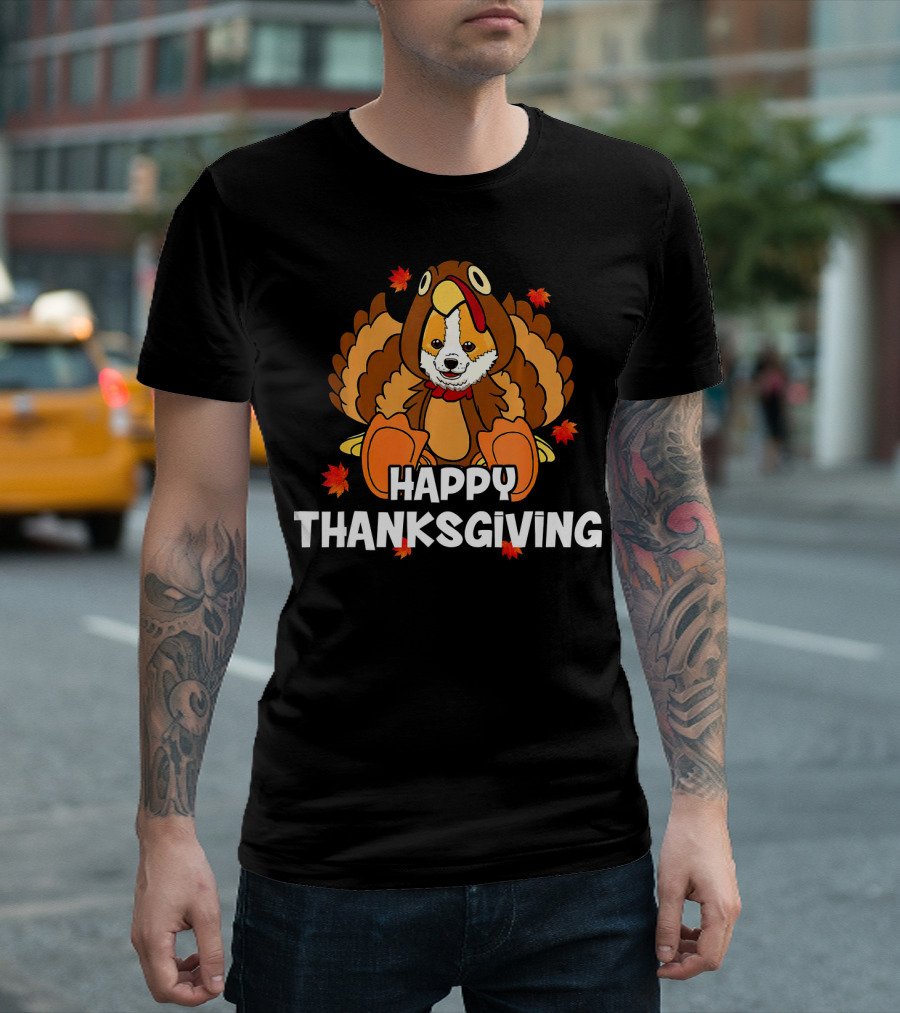 Happy Thanksgiving Corgi Dressed As Turkey With Autumn Leaves T-Shirt