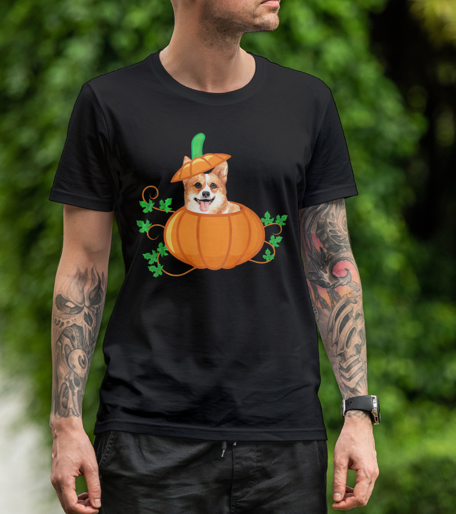 Funny Thanksgiving Corgi Inside A Pumpkin With Leaves T-Shirt