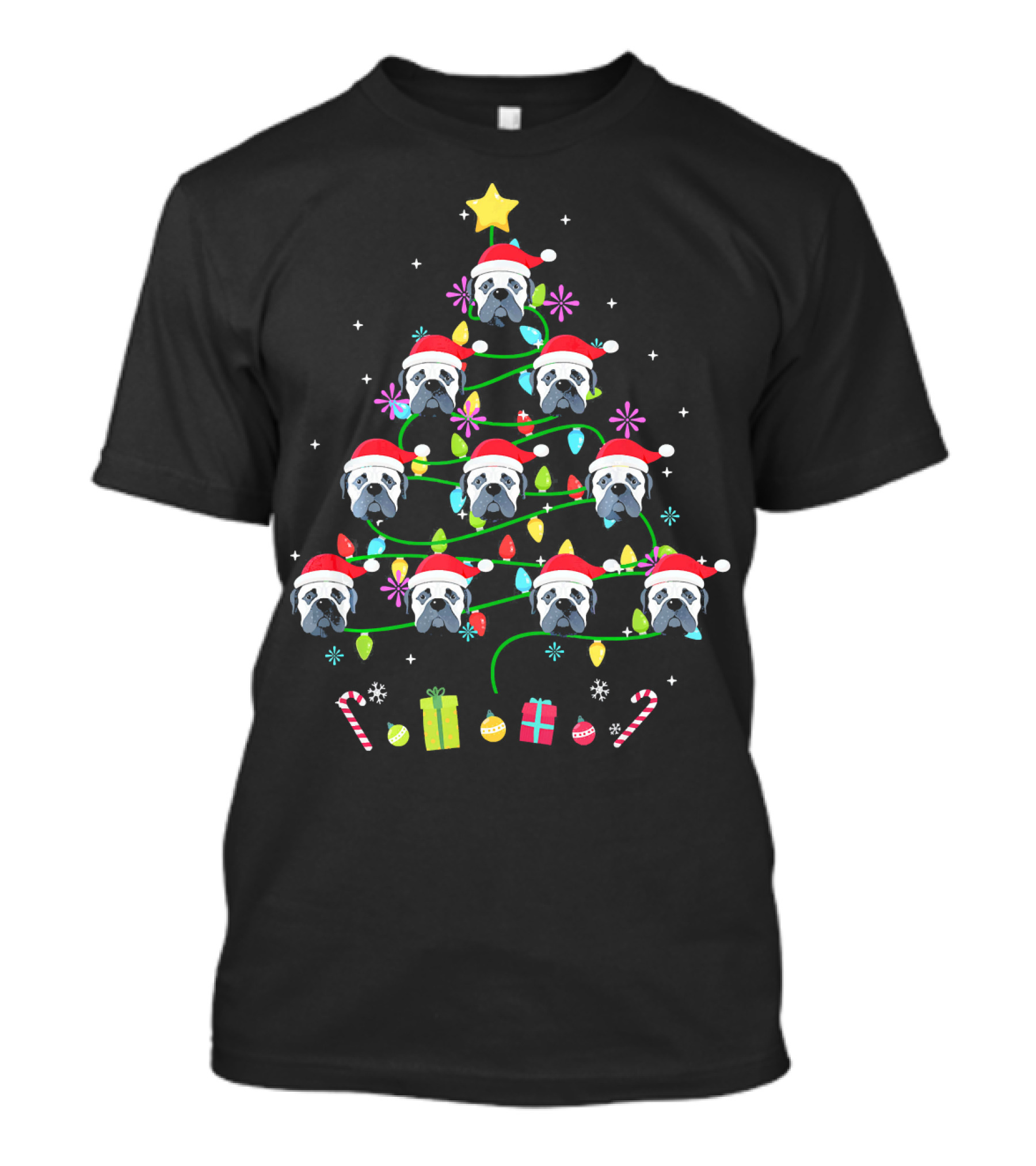 Bullmastiff Santa Christmas Tree Lights Candy Canes Presents T-Shirt