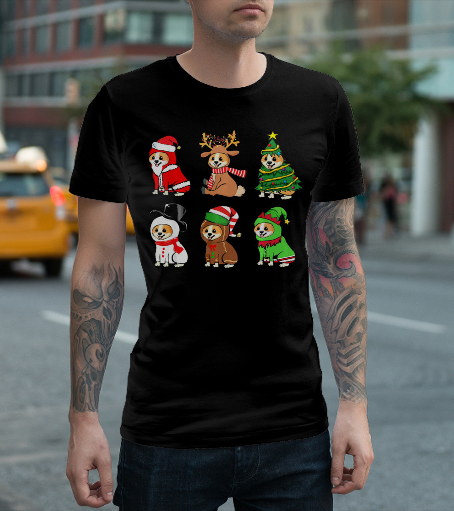 Santa Reindeer Christmas Tree Snowman Elf Festive Corgi T-Shirt