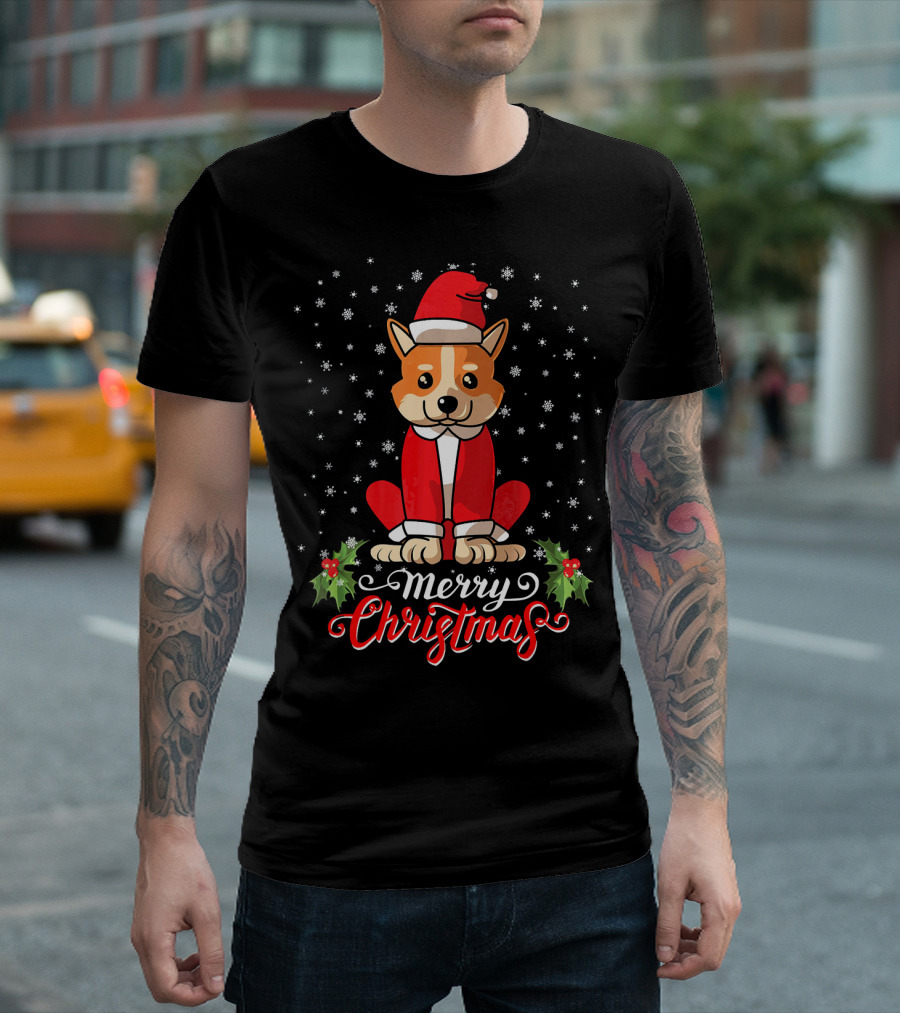 Merry Christmas Funny Dog Costume Welsh Corgi Santa Hat Snowflakes T-Shirt