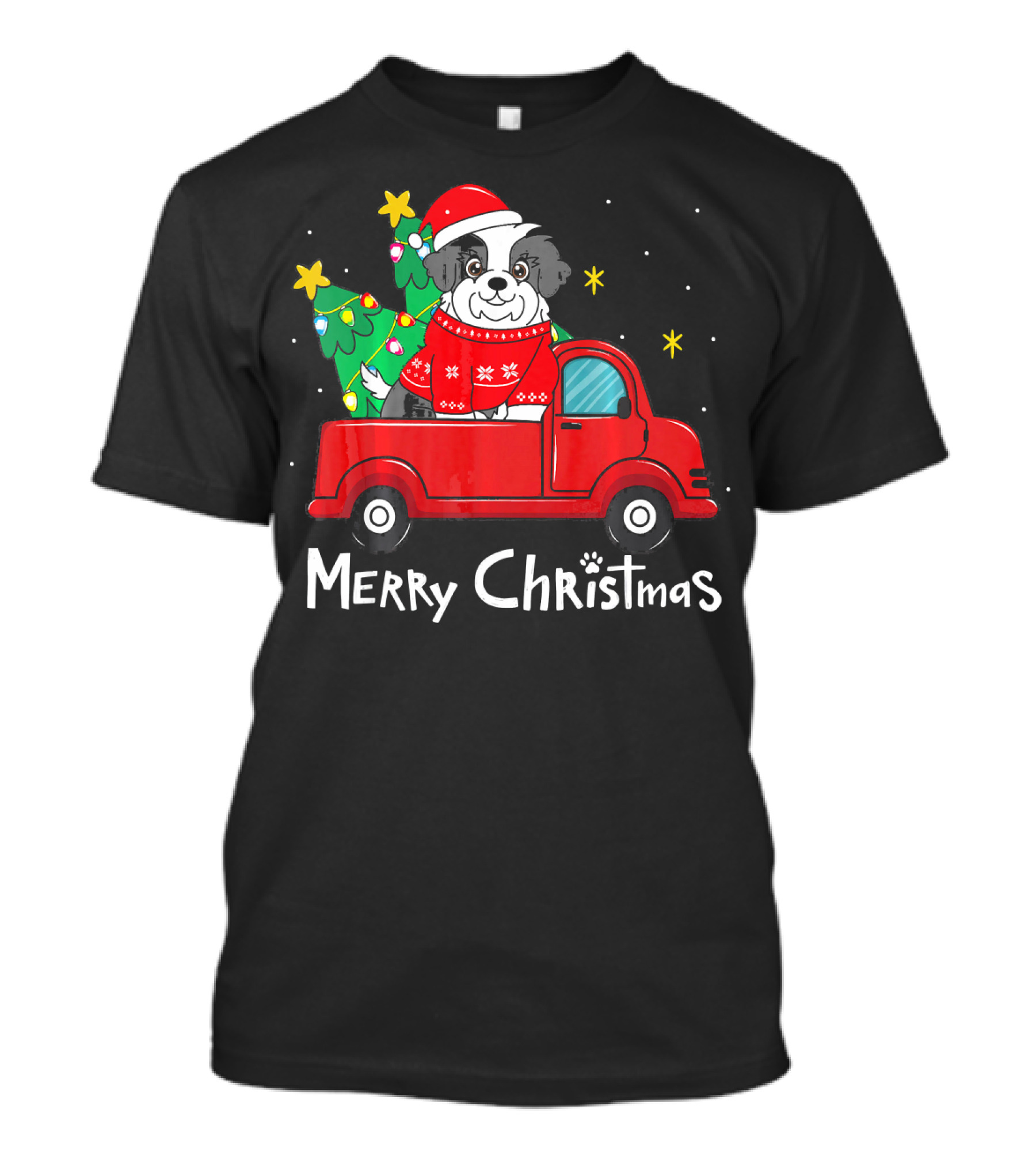Merry Christmas Havanese Dog In Red Truck With Christmas Tree And Stars T-Shirt