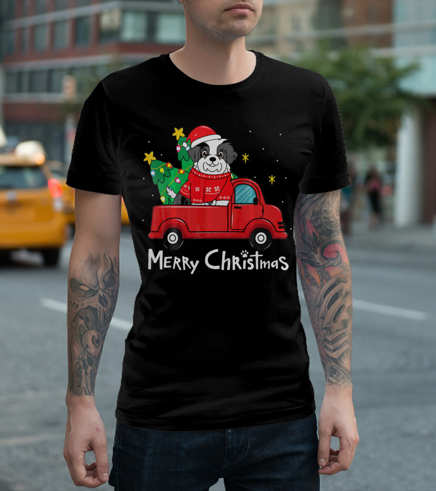 Merry Christmas Havanese Dog In Red Truck With Christmas Tree And Stars T-Shirt