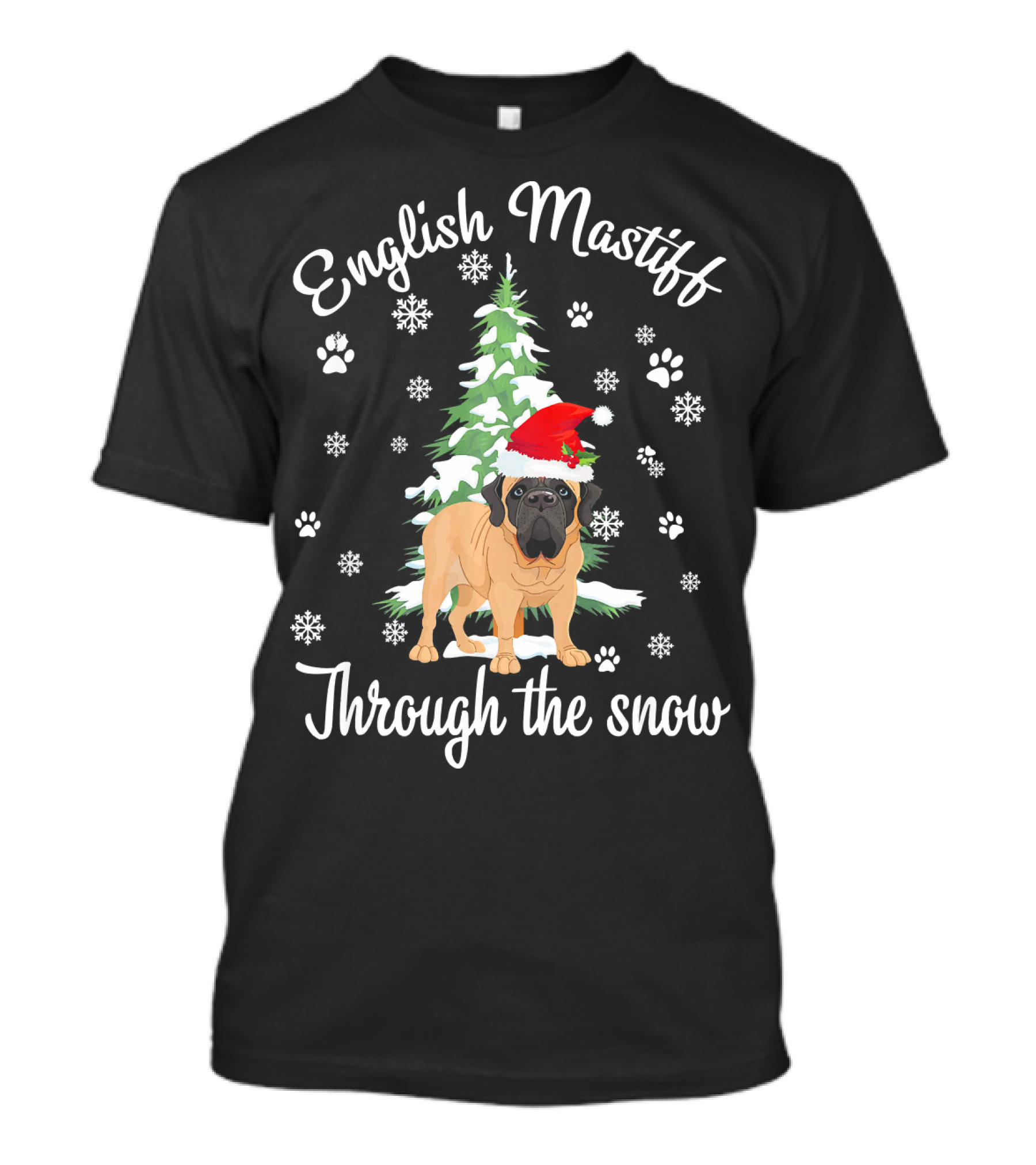 English Mastiff Santa Hat Snowflakes Paw Prints Christmas Tree T-Shirt