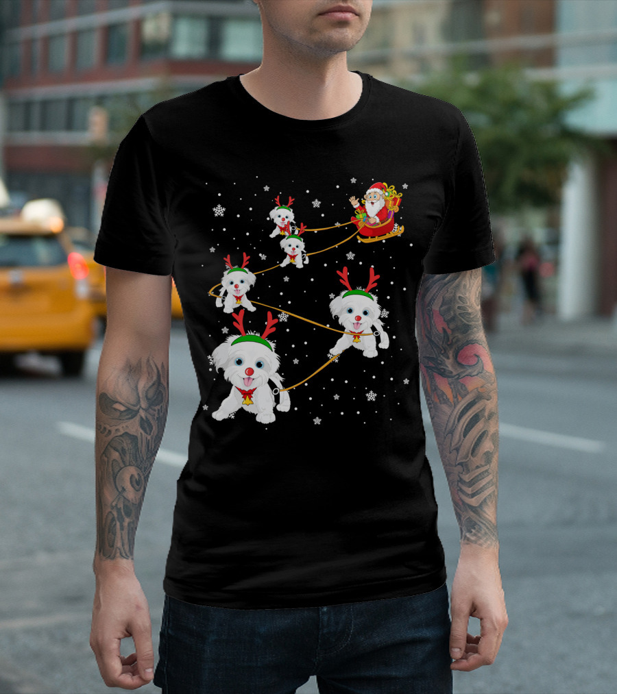 Havanese Dogs Pulling Santa's Sleigh Through Snowflakes T-Shirt