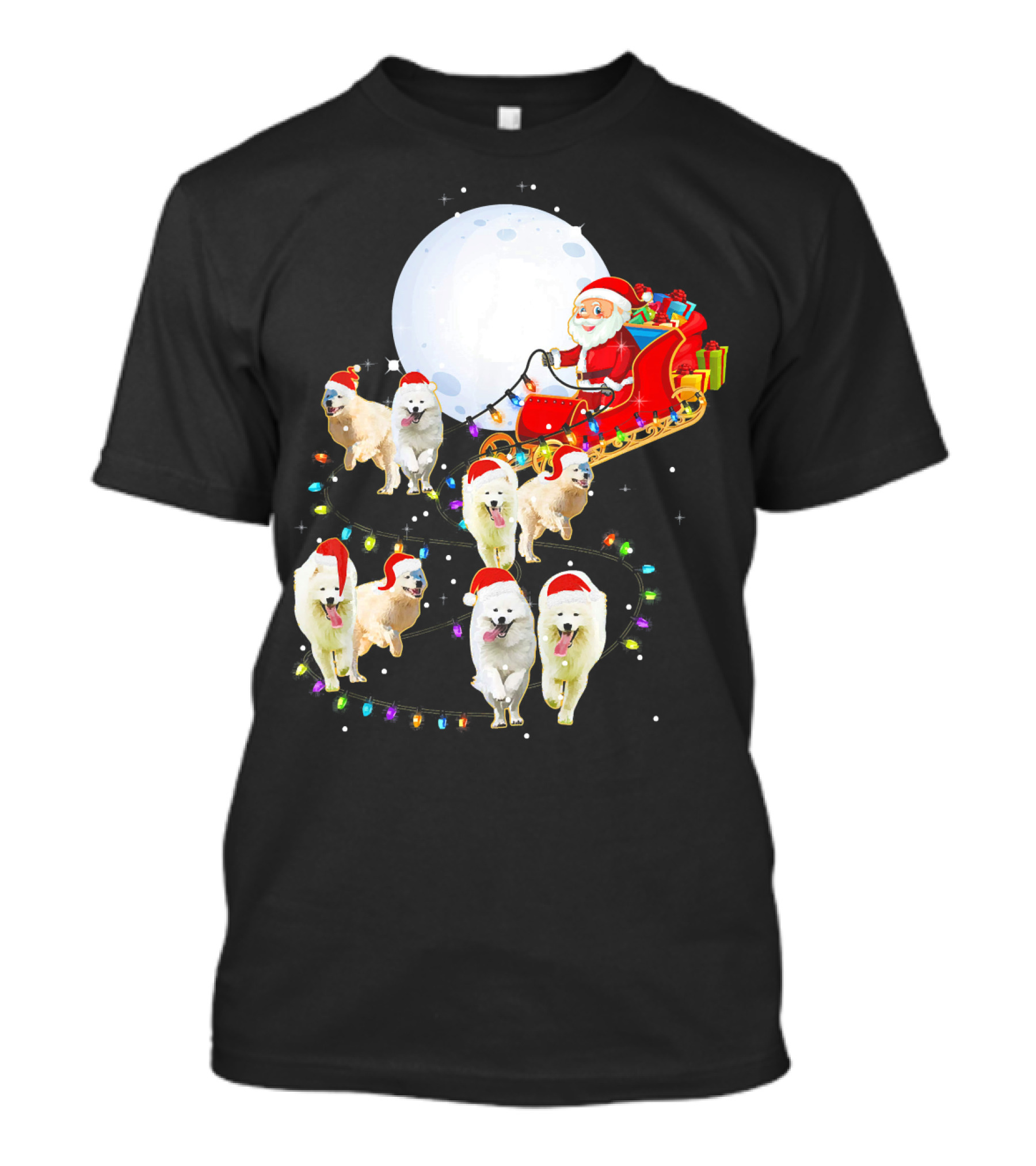 Funny Samoyed Christmas Reindeer Santa Sleigh With Moon And Lights T-Shirt