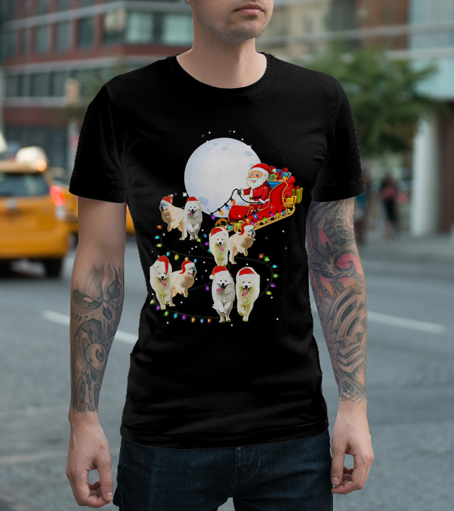Funny Samoyed Christmas Reindeer Santa Sleigh With Moon And Lights T-Shirt