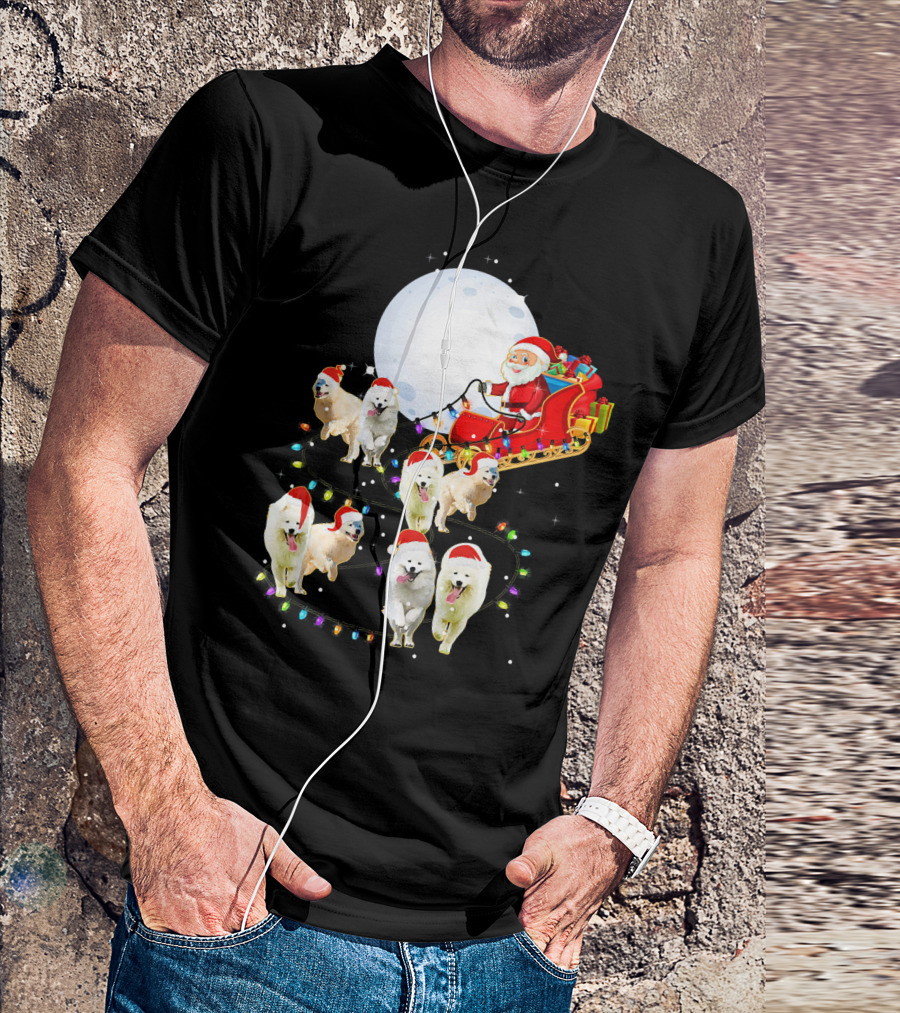 Funny Samoyed Christmas Reindeer Santa Sleigh With Moon And Lights T-Shirt